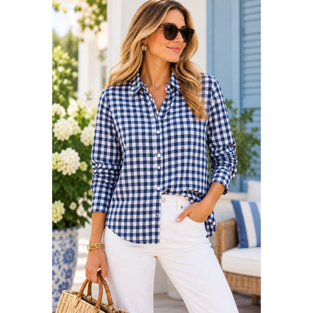 Pomander Place Tuckernuck Blouse Navy White Gingham Checked (MSRP: $109) XL